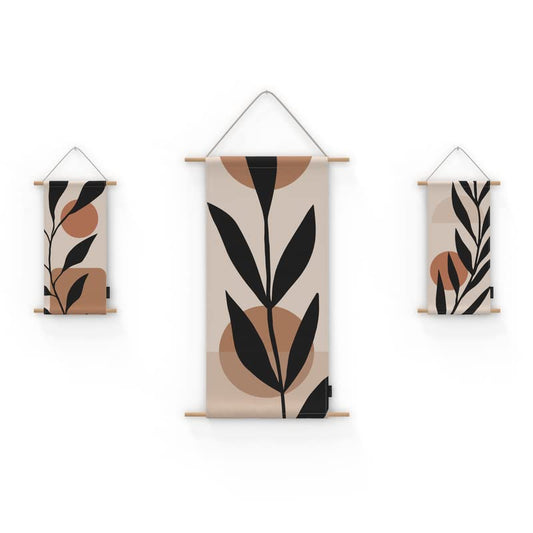 Black Leaf 3-Piece Fabric Poster Set, a Wall Art Decor Kit with 1 Large (90x44 cm) and 2 Small (42x22 cm) Panels, a Monochromatic Botanical Design for Living Room or Bedroom Decor