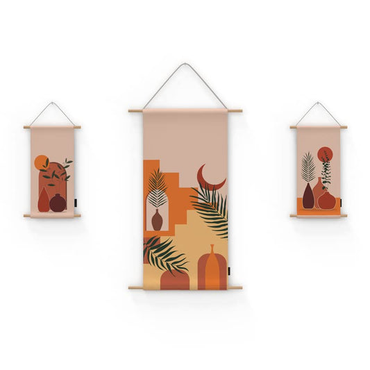 Oia 3-Piece Fabric Poster Set, a Wall Art Decor Kit with 1 Large (90x44 cm) and 2 Small (42x22 cm) Panels, Multicolor, a Mediterranean-Inspired Design for Living Room Decor