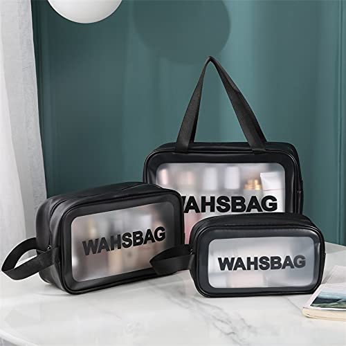 3Pcs Cosmetic Bag Vinyl Air Travel Toiletry Bags Bulk, Water Resistant PVC Packing Cubes with Zipper Closure & Carry Handle for Women Baby Men, Make-up brush Case Beach Pool Spa Gym Bag (Black)