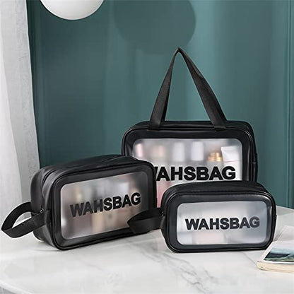 3Pcs Cosmetic Bag Vinyl Air Travel Toiletry Bags Bulk, Water Resistant PVC Packing Cubes with Zipper Closure & Carry Handle for Women Baby Men, Make-up brush Case Beach Pool Spa Gym Bag (Black)