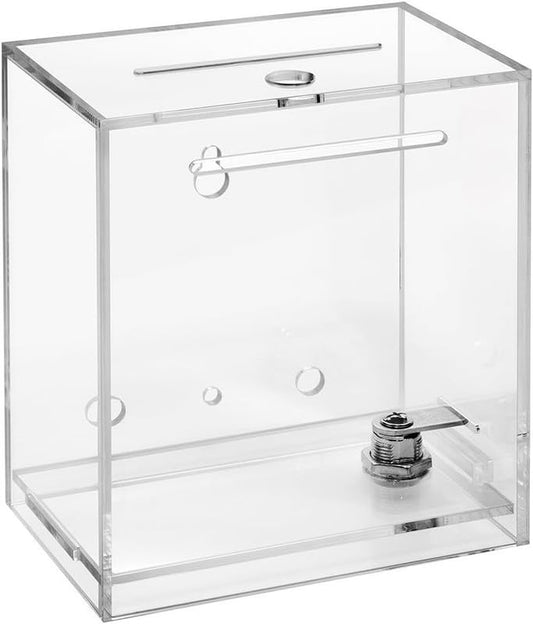 Acrylic Donation and Suggestion Box with Lock, Crystal Clear Freestanding or Wall-Mounted Display Box for Ballots, Promotions, or Feedback, Secure Slot Lid with Keys, Transparent Design