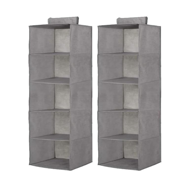 5-Shelf Hanging Closet Storage Organizer, Easy Fastening Strap -Cupboard Compartments For Clothes, Shoes, Towels, Toys And More- Grey - 30X30X100 Cm- 2 Units
