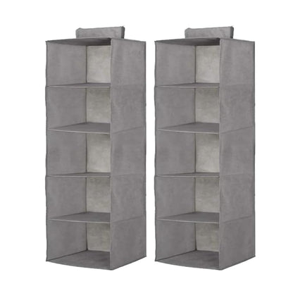 5-Shelf Hanging Closet Storage Organizer, Easy Fastening Strap -Cupboard Compartments For Clothes, Shoes, Towels, Toys And More- Grey - 30X30X100 Cm- 2 Units