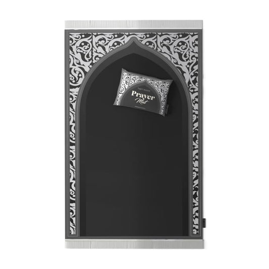 Velvet Prayer Mat in Grey and White, 68x117 cm, a luxurious and soft rug with a chic, modern design, perfect for a comfortable prayer experience at home or as a thoughtful gift