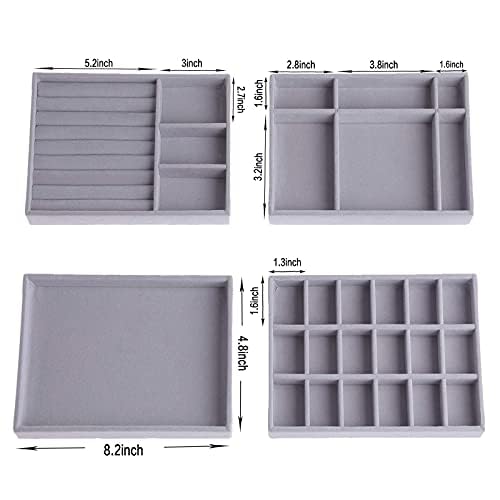 Jewelry Trays Organizer, Closet Drawer Accessories Tray Set of 4 Drawer Organizer for Earring, Ring, Gadgets & Cosmetics, Display Organizer Necklace Storage Showcase Bracelet Removable Tray