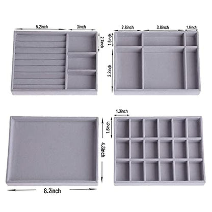 Jewelry Trays Organizer, Closet Drawer Accessories Tray Set of 4 Drawer Organizer for Earring, Ring, Gadgets & Cosmetics, Display Organizer Necklace Storage Showcase Bracelet Removable Tray