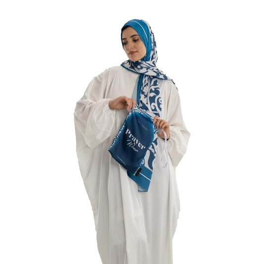 Isdal Al-Hedaya Women's Prayer Dress, a One-Piece Garment in Blue & White made from Soft Satin Fabric for Full Coverage, One Size Fits All, a Comfortable Abaya Khimar for Daily Salah