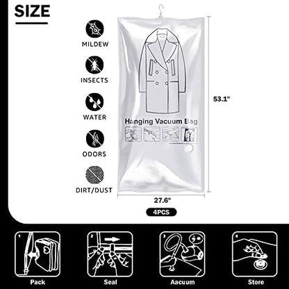 KOMMI Hanging Vacuum Sealer Bags Clothes Reusable Clothes Storage Bag with Pump for Clothes Storage Protect Your Down Jackets Sweaters Suits Evening Dresses and Expensive Clothes , Set of 4(XL x4 Pcs)