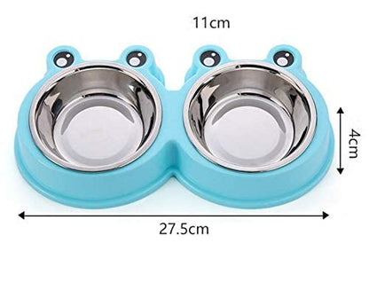 Pet Double Diner Stainless Steel Dog Feeding Bowl Set with Stable Plastic Frog Shaped Stand Best Cat Bowls Station Perfect for Dogs Cats Puppies Blue