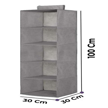 5-Shelf Hanging Closet Storage Organizer, Easy Fastening Strap -Cupboard Compartments For Clothes, Shoes, Towels, Toys And More- Grey - 30X30X100 Cm- 2 Units