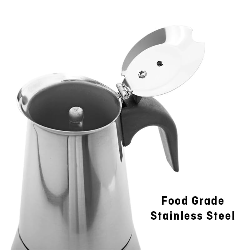 Mckaka Stovetop Espresso Maker, Small Italian Moka Pot, Cafe Maker for Coffee, Cappuccino and Latte, Stainless Steel, 200 ml / 7 oz/ 4 Cups (espresso cup= 50 ml)