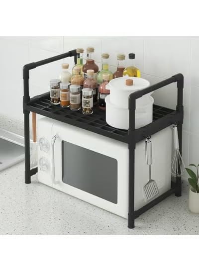 2-Tier Adjustable Microwave Oven Rack, Kitchen Countertop Organizer Shelf with Hooks, Space Saving Storage Rack for Spices, Utensils and Kitchen Supplies (Black)