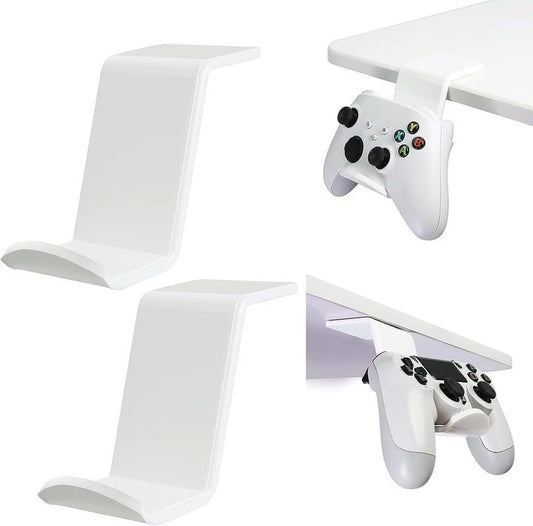 Universal Gamepad Controller Stand for Desk, Tabletop Gaming Accessories Holder for XBOX, PS5, PS4, and PC Controllers with Cable Clips, Under-Desk Mount Option (White)