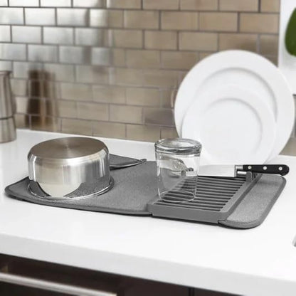 Rack and Microfiber Dish Drying Mat, Removable Dish Rack Tray with Drain, Compact Dish Rack & Drying Mat for Kitchen Countertop, Sink Use - Perfect for Drying Wine Glasses and Utensils