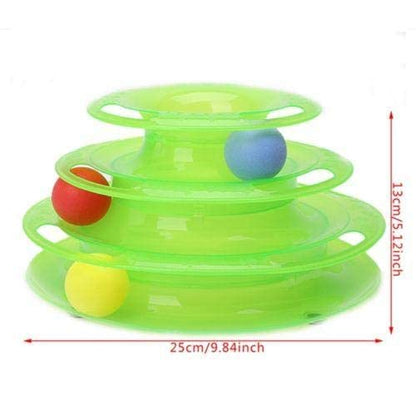 Tower of Tracks Ball Spin Cat Play Tower Three Levels for Group Play, Toy with 3 Balls, Green