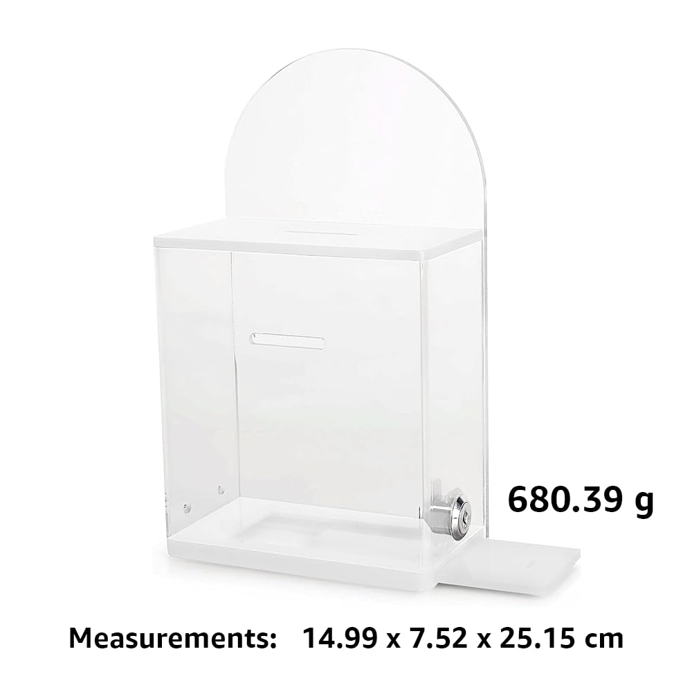 Acrylic Donation and Suggestion Box, Wall-Mountable or Countertop Collection Box with Lock and Keys, Round Back Display Area, Pre-Drilled Holes for Secure Installation, 25 x 15 cm, Clear