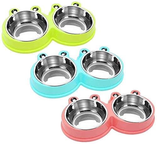 SHIZPHH Double Dog Cat Bowls Double Premium Stainless Steel Pet Bowls with Cute Modeling Pet Food Water Feeder Food Bowls (Color : Green)