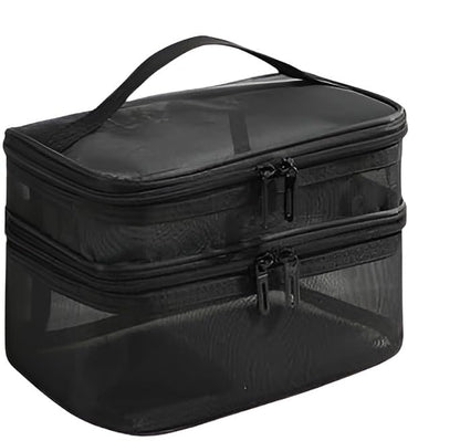 Double Layer Makeup Bag, Large Mesh Travel Cosmetic Pouch with Double Zipper, Vertical Multifunctional Toiletry Bag for Makeup Brushes