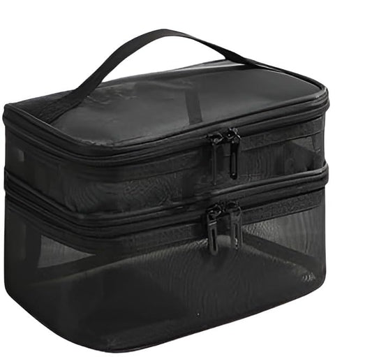 Double Layer Makeup Bag, Large Mesh Travel Cosmetic Pouch with Double Zipper, Vertical Multifunctional Toiletry Bag for Makeup Brushes