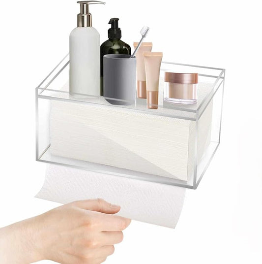 Clear Acrylic Disposable Face Towel Holder, Wall Mount or Tabletop Dispenser for Ourmed Life Towels, Modern, Hygienic Bathroom Storage for Cotton Pads and Tissues.