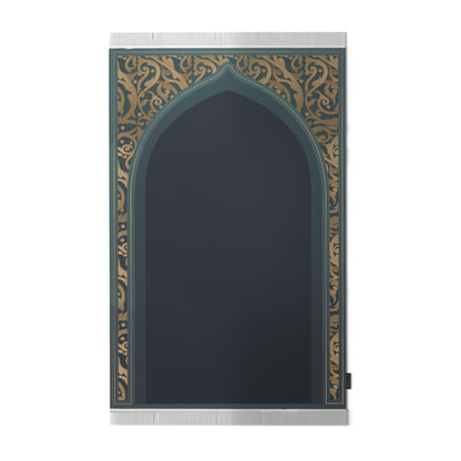 Velvet Prayer Mat in Teal and Gold, 68x117 cm, a luxurious and soft rug with a stunning, opulent design, providing a comfortable and elegant surface for your prayers at home or mosque