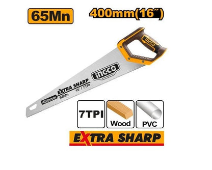 INGCO Hand Saw Size: 16"(400mm), Thickness: 0.9mm, 7TPI, Material: 65Mn, With extra sharp teeth, With teeth protector, Heat treatment, Model : HHAS15400