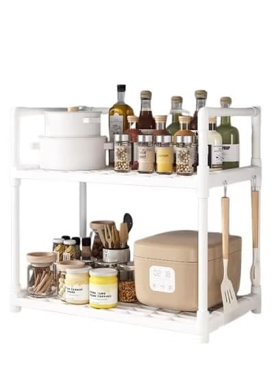 2-Tier Adjustable Microwave Oven Rack, Kitchen Countertop Organizer Shelf with Hooks, Space Saving Storage Rack for Spices, Utensils and Kitchen Supplies (White)