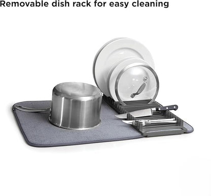 2-in-1 Dish Drying Rack with Absorbent Microfiber Mat, Removable Rust-Resistant Rack, Non-Slip Mat, Machine Washable, Ideal for Small Kitchens, Space-Saving Dish Organizer, Grey, 61 x 46 Cm