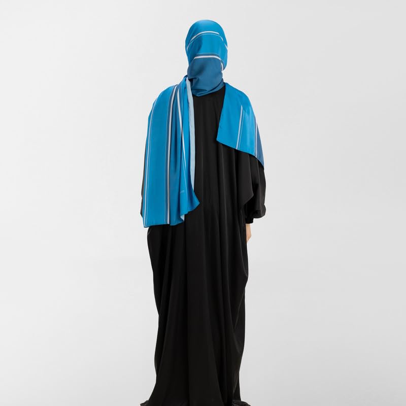 Isdal Al-Taqwa Women's Prayer Dress, a Full-Coverage One-Piece Garment in Blue & Black made of Soft Satin Fabric, One Size Fits All, a Beautiful and Comfortable Khimar for Islamic Worship