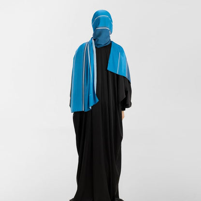 Isdal Al-Taqwa Women's Prayer Dress, a Full-Coverage One-Piece Garment in Blue & Black made of Soft Satin Fabric, One Size Fits All, a Beautiful and Comfortable Khimar for Islamic Worship
