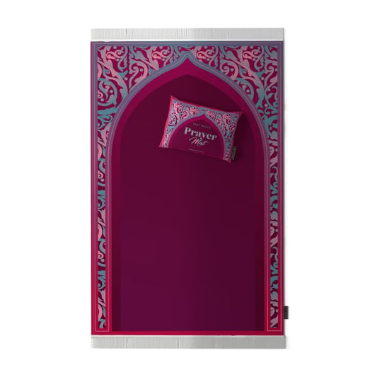 Al-Hedaya Velvet Prayer Mat, a Luxurious Islamic Rug in Fuchsia & Turquoise from Soft Velvet, 68x117 cm, for Comfortable Prayer, a Vibrant Salah Mat for Home, Mosque, or Travel
