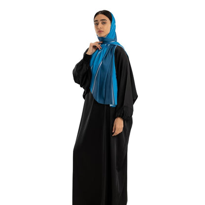 Isdal Al-Taqwa Women's Prayer Dress, a Full-Coverage One-Piece Garment in Blue & Black made of Soft Satin Fabric, One Size Fits All, a Beautiful and Comfortable Khimar for Islamic Worship