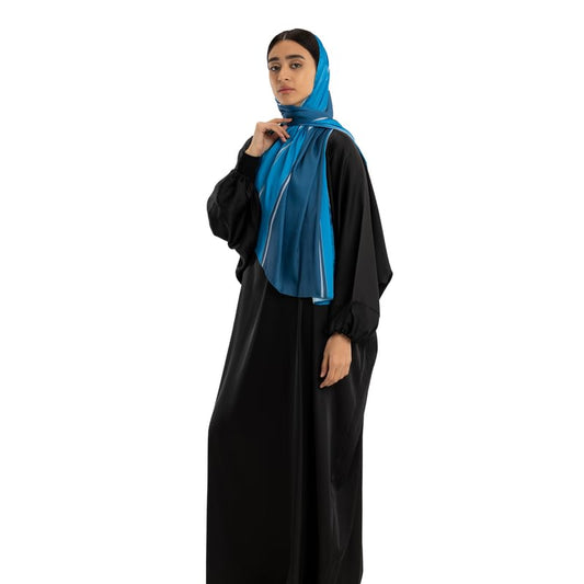 Isdal Al-Taqwa Women's Prayer Dress, a Full-Coverage One-Piece Garment in Blue & Black made of Soft Satin Fabric, One Size Fits All, a Beautiful and Comfortable Khimar for Islamic Worship