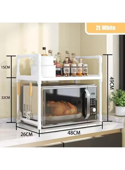 2-Tier Adjustable Microwave Oven Rack, Kitchen Countertop Organizer Shelf with Hooks, Space Saving Storage Rack for Spices, Utensils and Kitchen Supplies (White)
