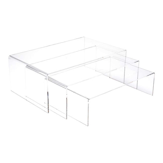 3-Tier Acrylic Shelf Riser, Rectangular Display Stand for Retail Merchandising, Figurines, or Treats, Durable Countertop Display Organizer, Transparent Design, Clear