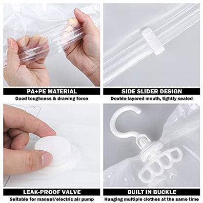 KOMMI Hanging Vacuum Sealer Bags Clothes Reusable Clothes Storage Bag with Pump for Clothes Storage Protect Your Down Jackets Sweaters Suits Evening Dresses and Expensive Clothes , Set of 4(XL x4 Pcs)