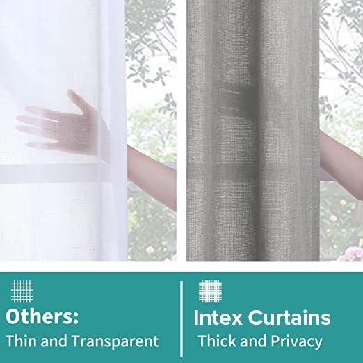 INtex CURTAINS Natural Linen Curtains -Semi Transparent Sheer -Soft And Durable Fabric -For Living Rooms And Bedroom Steel Grommets -Two Pieces 145W x 180L CM Light Grey