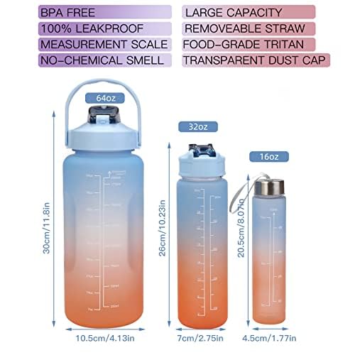 Motivational Water Bottle with Straw 3 Pcs, 64oz 32oz 16oz Time Marker Large Drinking Bottles Leakproof Half Gallon 2L Water Jugs for Sports Gym Travel BPA Free - Gradient Blue