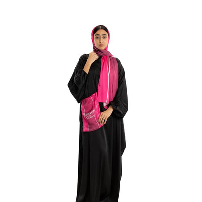 Isdal Al-Taqwa Women's Prayer Dress, a One-Piece Garment in Pink & Black made from Soft, Flowing Satin for Full Coverage, One Size Fits All, a Lovely and Comfortable Prayer Abaya for Salah