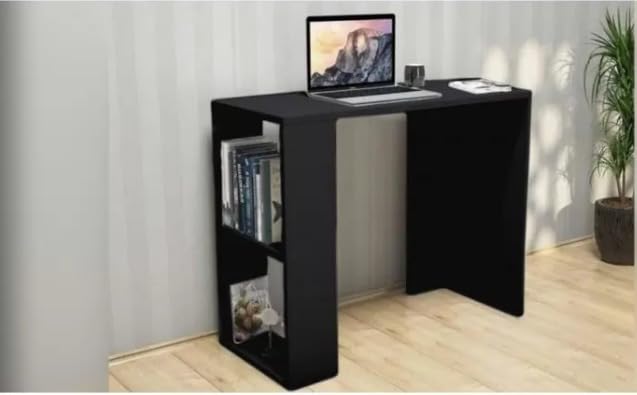 Desk With Racks in Black, Computer Workstation with Shelves and Monitor Stand, Gaming Desk with Storage, Home Office Desk with Integrated Shelving, Modern Design
