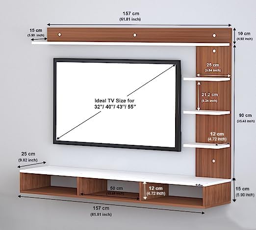 Wall-Mounted TV Top Unit, 130cm Floating Entertainment Shelf in a Two-Tone Walnut and White Finish, ManufacturedWood Media Shelf for a Contemporary Living Room Setup