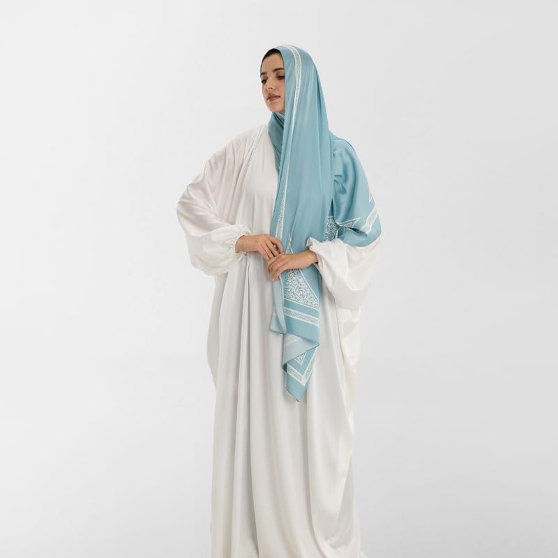 Isdal Al-Qubba Women's Prayer Dress, a One-Piece Garment in Blue & White made from Elegant Satin Fabric for Complete Coverage, One Size Fits All, a Comfortable Khimar for Daily Salah