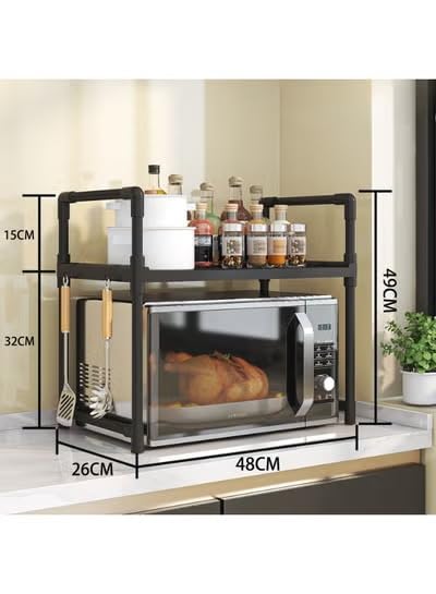 2-Tier Adjustable Microwave Oven Rack, Kitchen Countertop Organizer Shelf with Hooks, Space Saving Storage Rack for Spices, Utensils and Kitchen Supplies (Black)