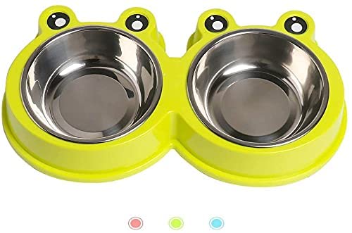 NA/ Double Dog Cat Bowls Premium Stainless Steel Pet Bowls with No-Slip Stainless Steel Cute Modeling Pet Food Water for Feeder Dogs Cats Rabbit and Pets (Green)