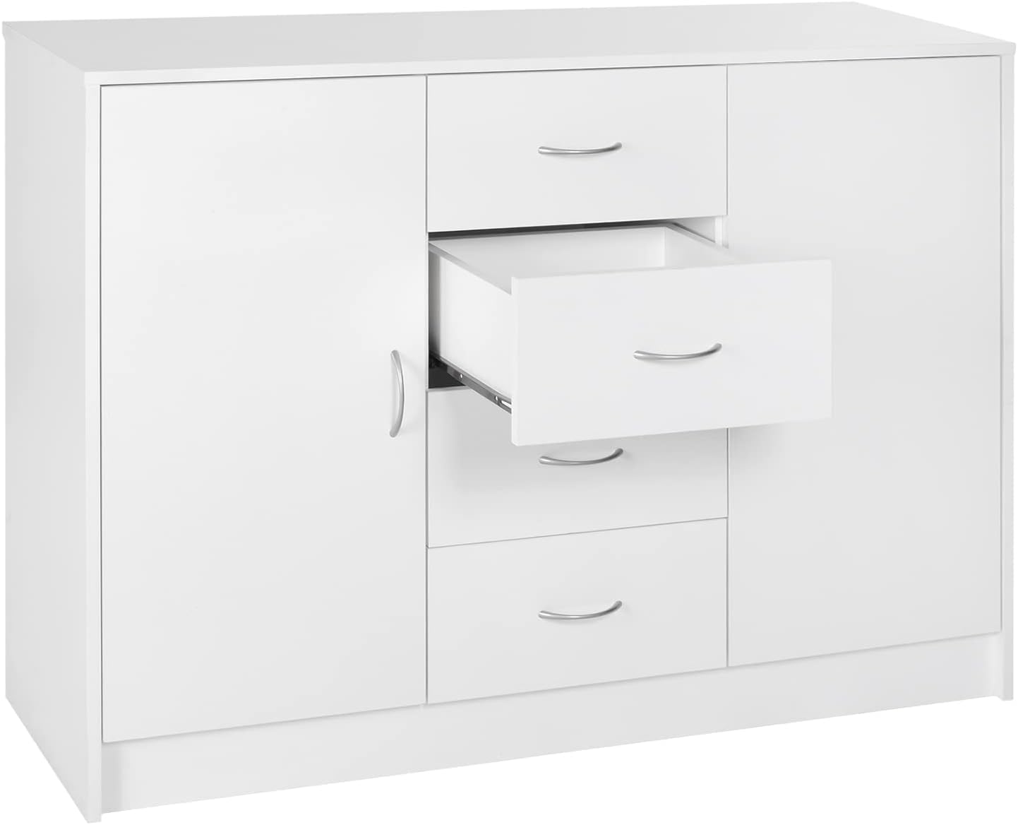 Freestanding Sideboard Cabinet with 2 Doors and 4 Drawers, Versatile Organizer for Kitchen, Dining, or Living Room in a Clean White Finish with a Modern Minimalist Style