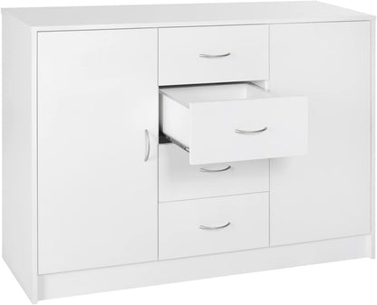 Freestanding Sideboard Cabinet with 2 Doors and 4 Drawers, Versatile Organizer for Kitchen, Dining, or Living Room in a Clean White Finish with a Modern Minimalist Style
