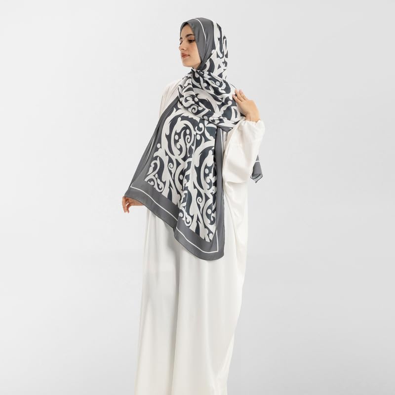 Isdal Al-Hedaya Women's Prayer Dress, a One-Piece Garment in Grey & White made of Soft Satin for Full Modest Coverage, One Size Fits All, a Chic and Comfortable Abaya for Muslim Women