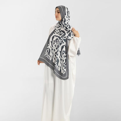 Isdal Al-Hedaya Women's Prayer Dress, a One-Piece Garment in Grey & White made of Soft Satin for Full Modest Coverage, One Size Fits All, a Chic and Comfortable Abaya for Muslim Women