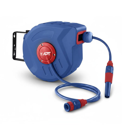 APT Wall Mounted Compact Retractable Garden Hose Reel, 10m Auto Rewind Pipe with 180° Swivel, Lightweight for Small Gardens, Patios & Balcony Watering