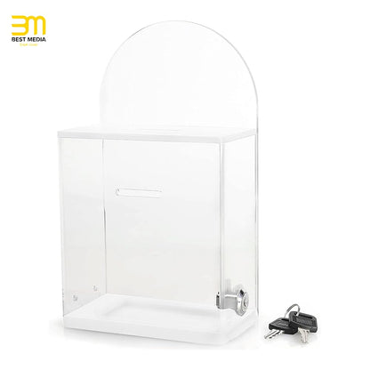Acrylic Donation and Suggestion Box, Wall-Mountable or Countertop Collection Box with Lock and Keys, Round Back Display Area, Pre-Drilled Holes for Secure Installation, 25 x 15 cm, Clear